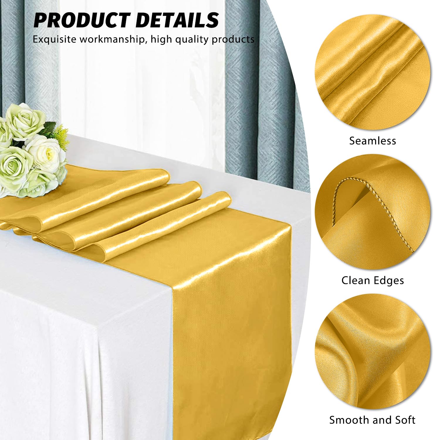 Quimoy 2 Pack Gold Satin Table Runner 12 x 108 Inch, Table Runner for Party Wedding Banquet Birthday Graduation Decoration, Bright Silk Smooth Fabric Party Chair Sashes