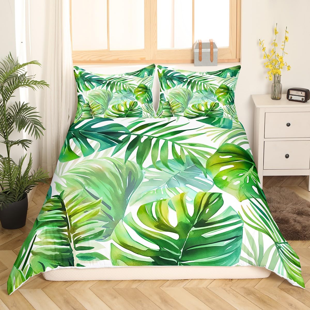 Summer Leaves 100% Nature Cotton Duvet Cover Twin Size,Tropical Palm Leaves Botanic Plants Super Soft Bedding Set,Seaside Camping Green Leaves Comforter Cover Bedding 2 Piece (No Comforter)