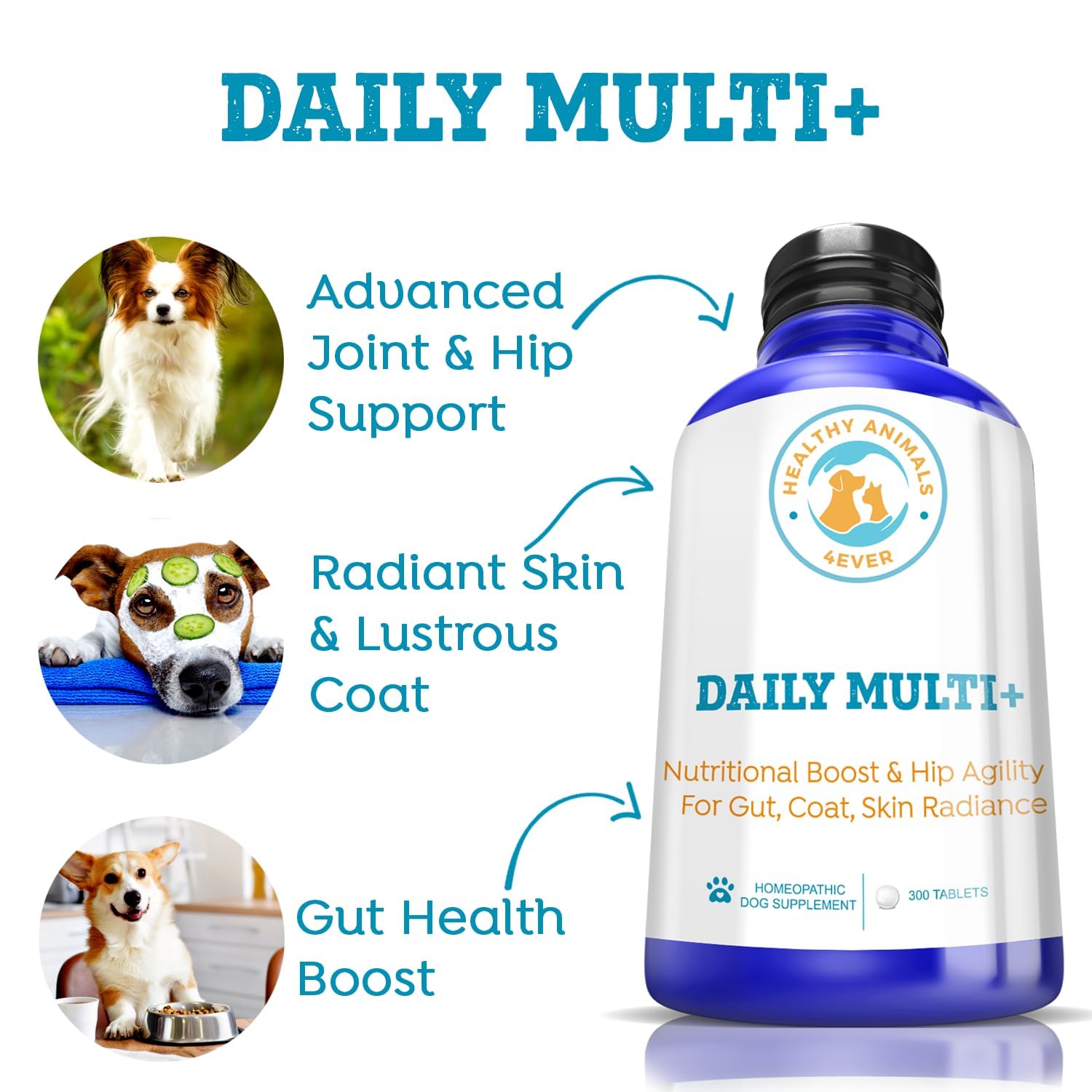 Healthy Animals 4Ever Nutritional Boost & Hip Agility for Gut, Coat, Skin Radiance | Extra Strong Ingredients | Fast Acting Formula | Completely Safe & Natural | 300 Tablets