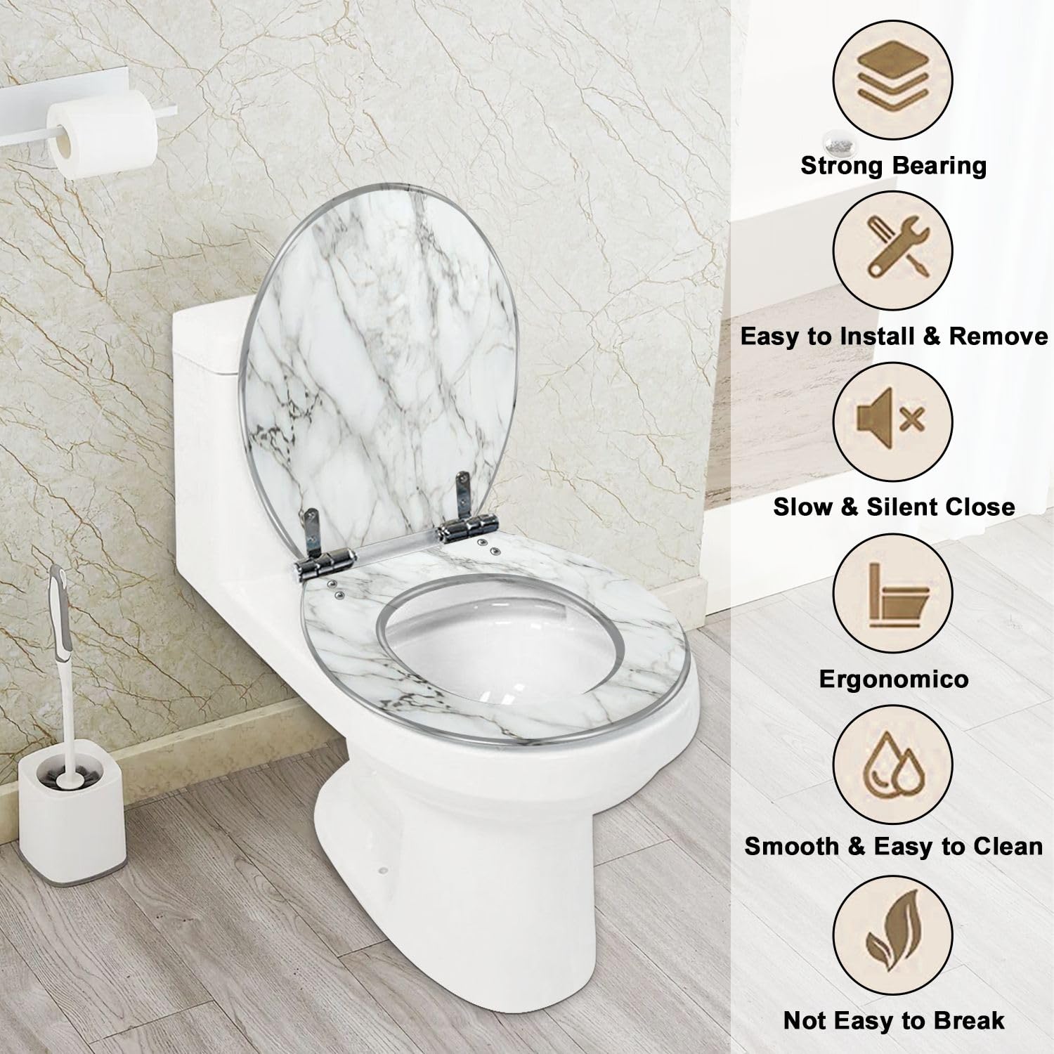 Round Toilet Seat natural White marble texture Creative Stone Resin Toilet Seat with Quietly Close Quick Release Hinges Decorative Toilet Seat with Cover Easy to Clean and Install