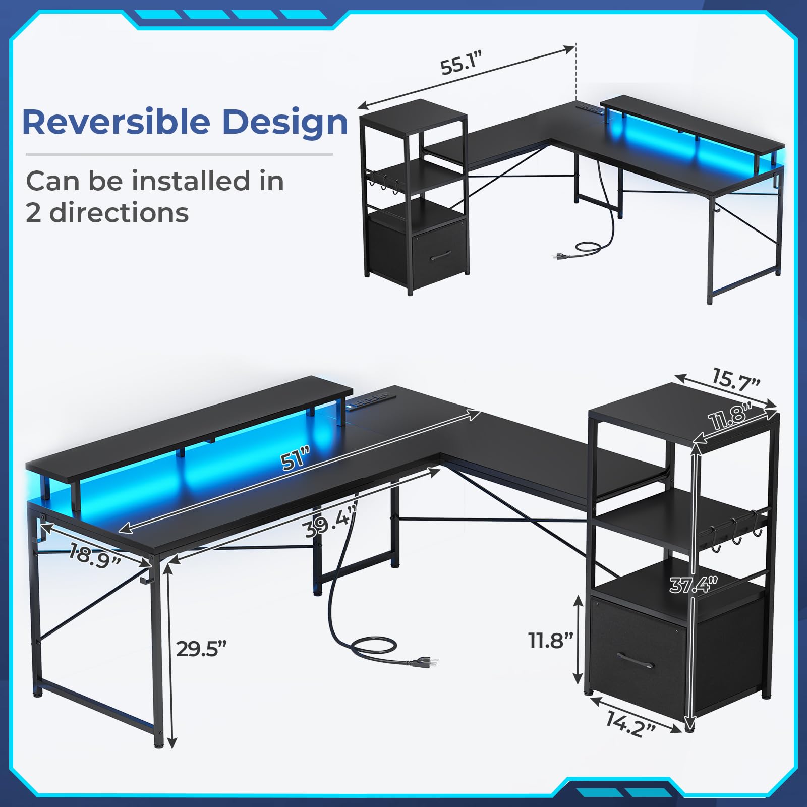 SEDETA L Shaped Gaming Desk, 51" Computer Desk with Storage Shelves, Gamer Desk with Power Outlets & LED Lights, Fabric Drawer, Monitor Stand and Hooks, Black