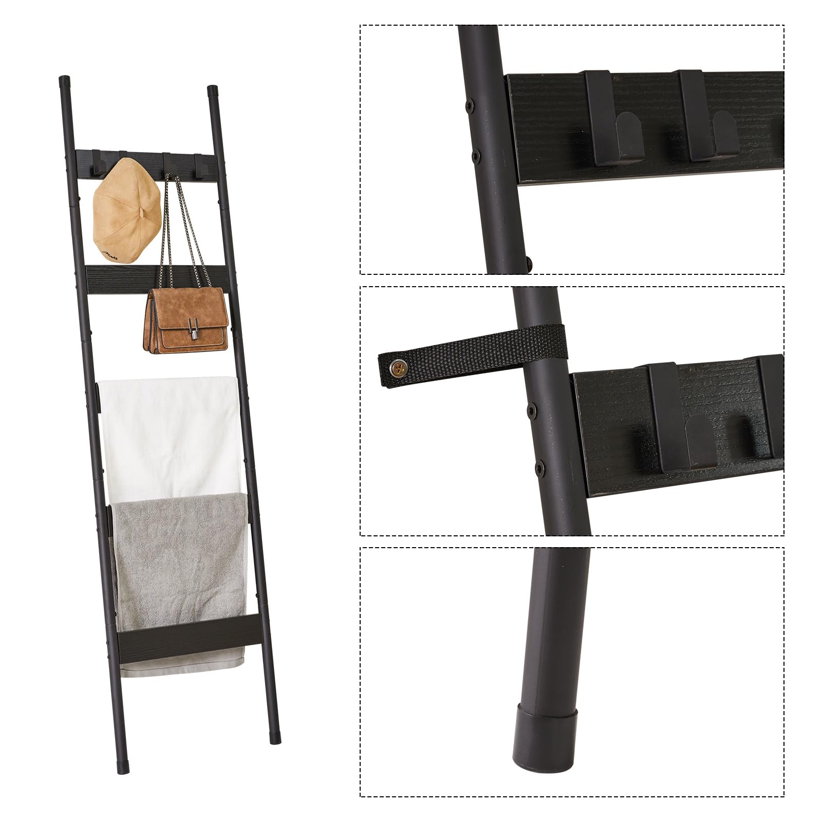 IBUYKE Blanket Rack Towel Rack Holder with Hooks Blanket Ladders Wall Leaning Metal Holder Rack for Bathroom,Bedroom Home Decor Black TTR005B