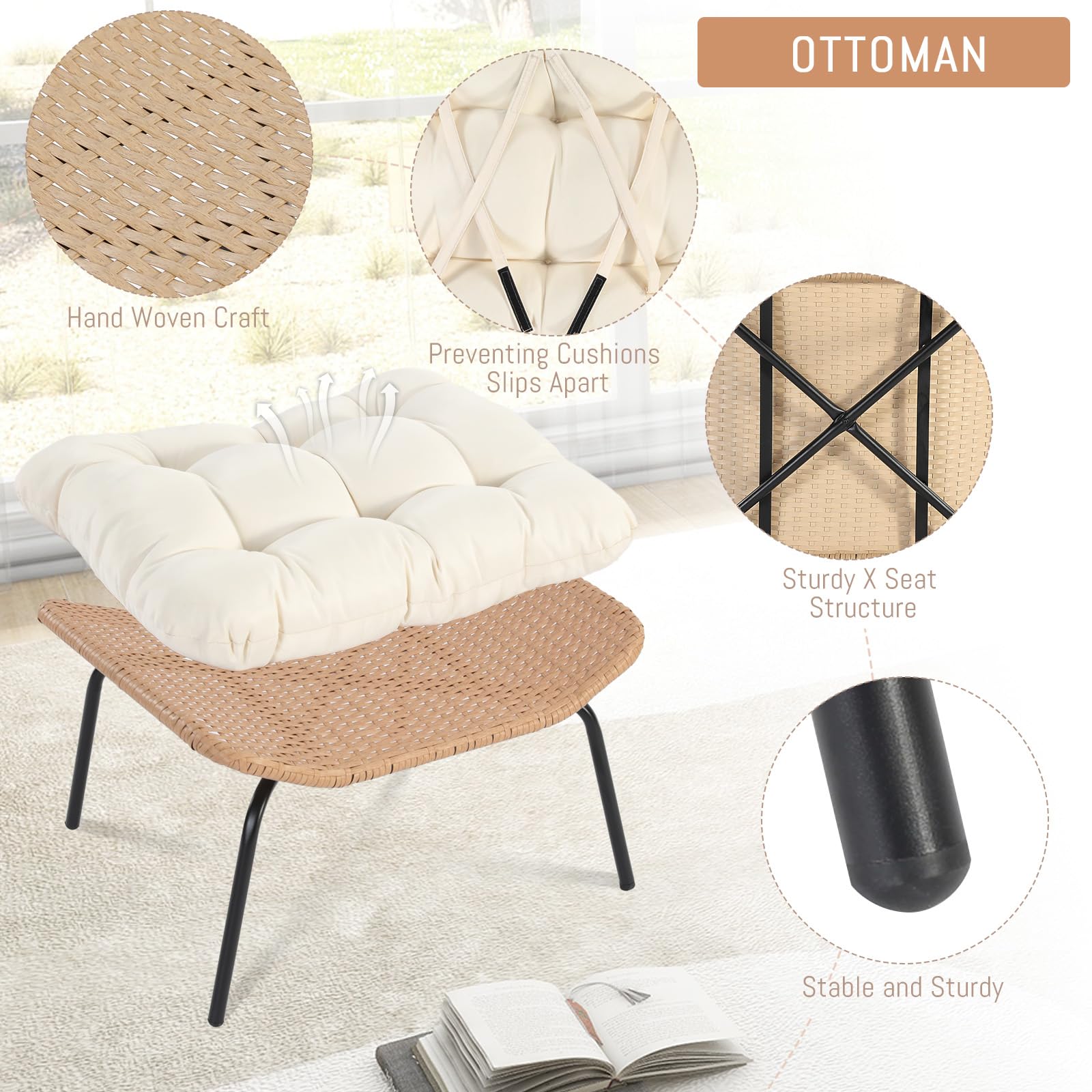 OUTPLATIO 2 Pieces Egg Chair Wicker Patio Egg Chair with Ottoman Rattan Teardrop Cuddle Cocoon Chair for Indoor Outdoor Bedroom Porch Backyard Deck Garden (2 pcs,Beige)