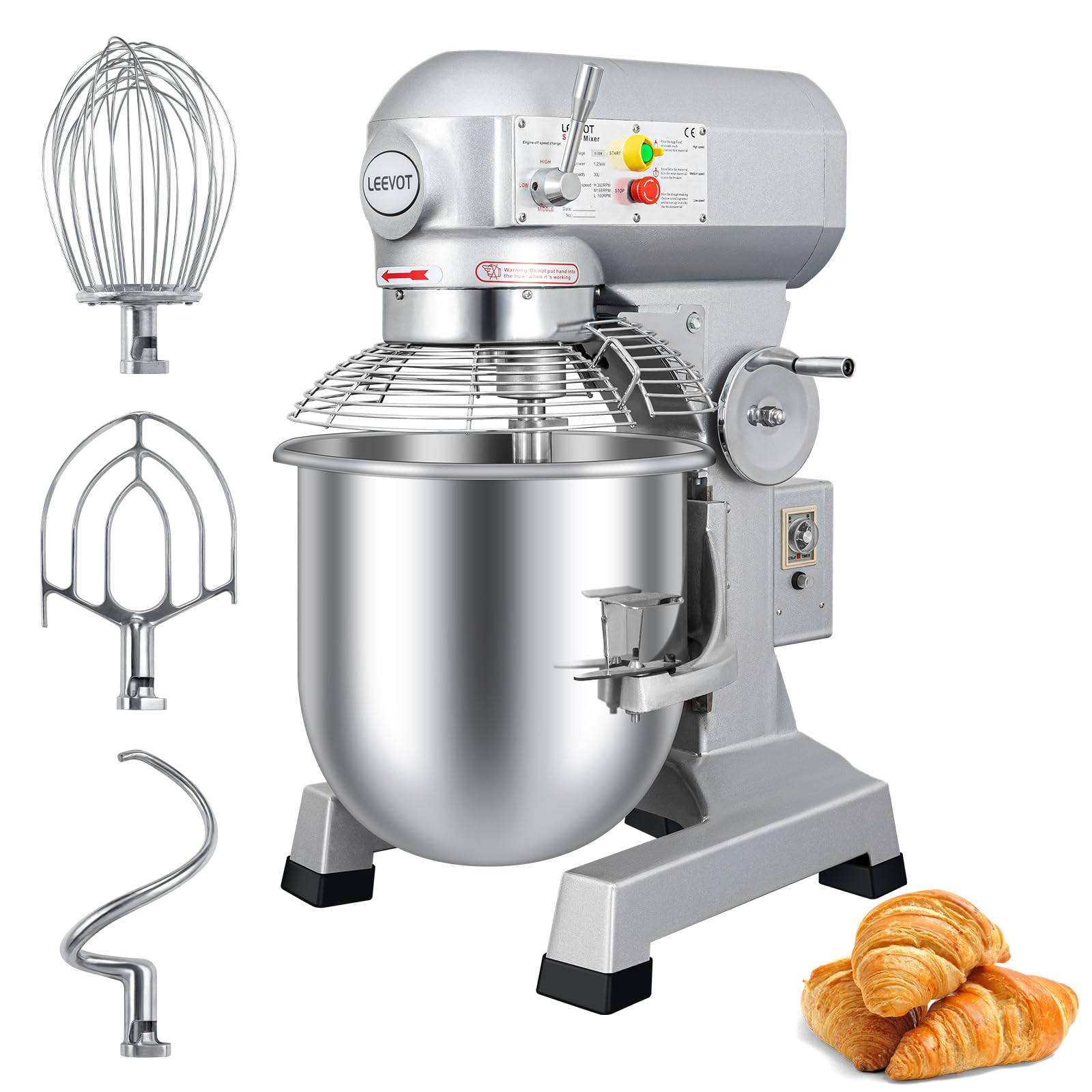 LEEVOT 30Qt 1250W Commercial Food Mixer, Commercial mixer 3-Speed Adjustable Heavy Duty Stand Mixer with Stainless Steel Bowl for Bakery Pizzeria.