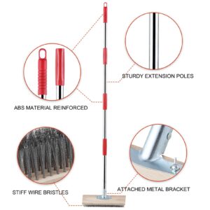 Mitclear Heavy Duty Wire Broom with Telescopic Handle(57IN), Stiff Metal Bristle Brush for Removing Weed Moss, Outdoor Floor Scrub Brush for Patio, Deck, Garden