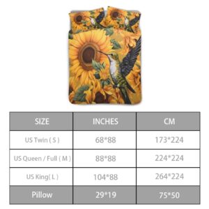 STUOARTE Hummingbird Sunflower Print Kids Duvet Cover with Zipper Closure, Soft Breathable Quilt Cover King Size, 3 Pieces Comforter Cover Set, Children Bedroom Decorations