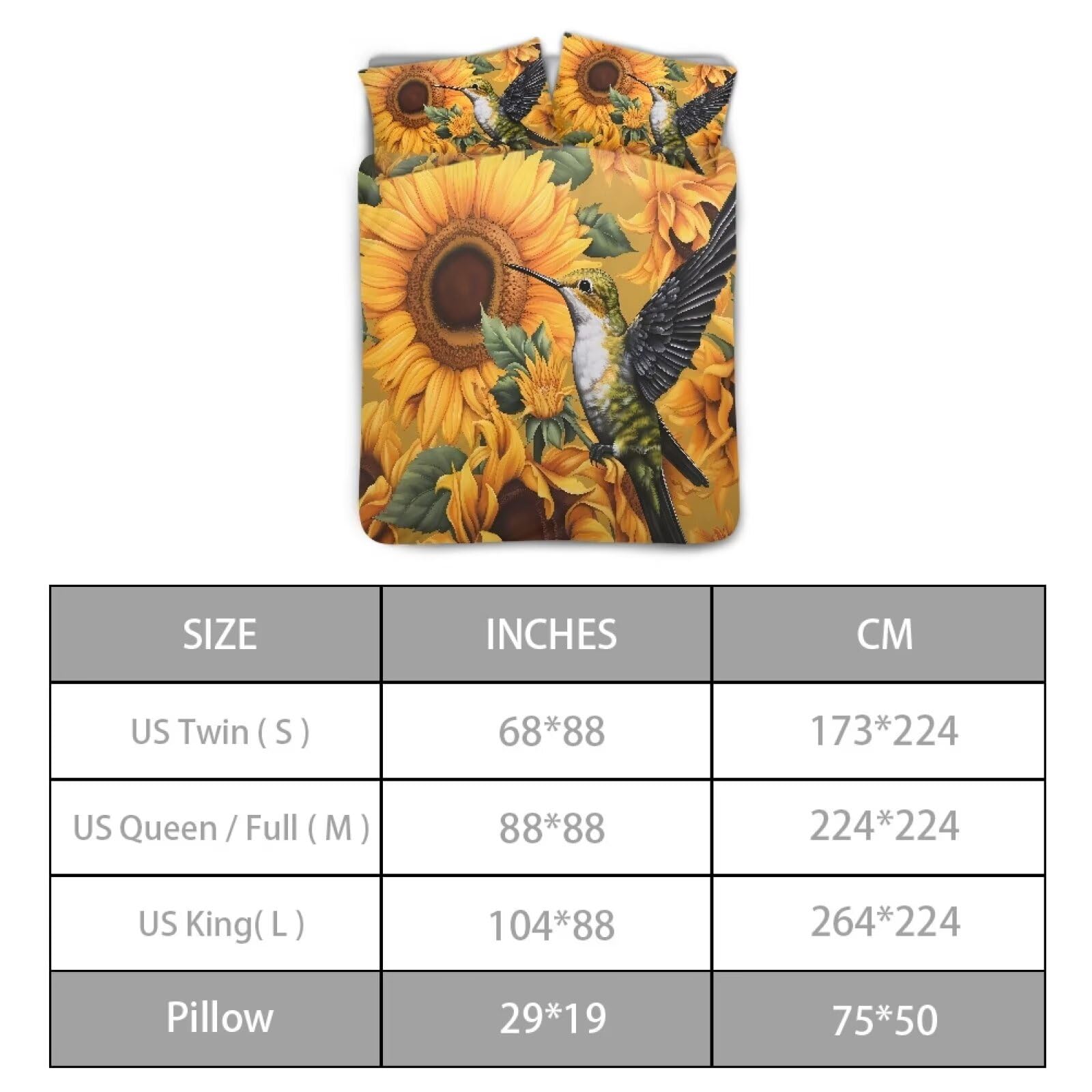 STUOARTE Hummingbird Sunflower Print Kids Duvet Cover with Zipper Closure, Soft Breathable Quilt Cover King Size, 3 Pieces Comforter Cover Set, Children Bedroom Decorations