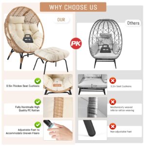 OUTPLATIO 2 Pieces Egg Chair Wicker Patio Egg Chair with Ottoman Rattan Teardrop Cuddle Cocoon Chair for Indoor Outdoor Bedroom Porch Backyard Deck Garden (2 pcs,Beige)