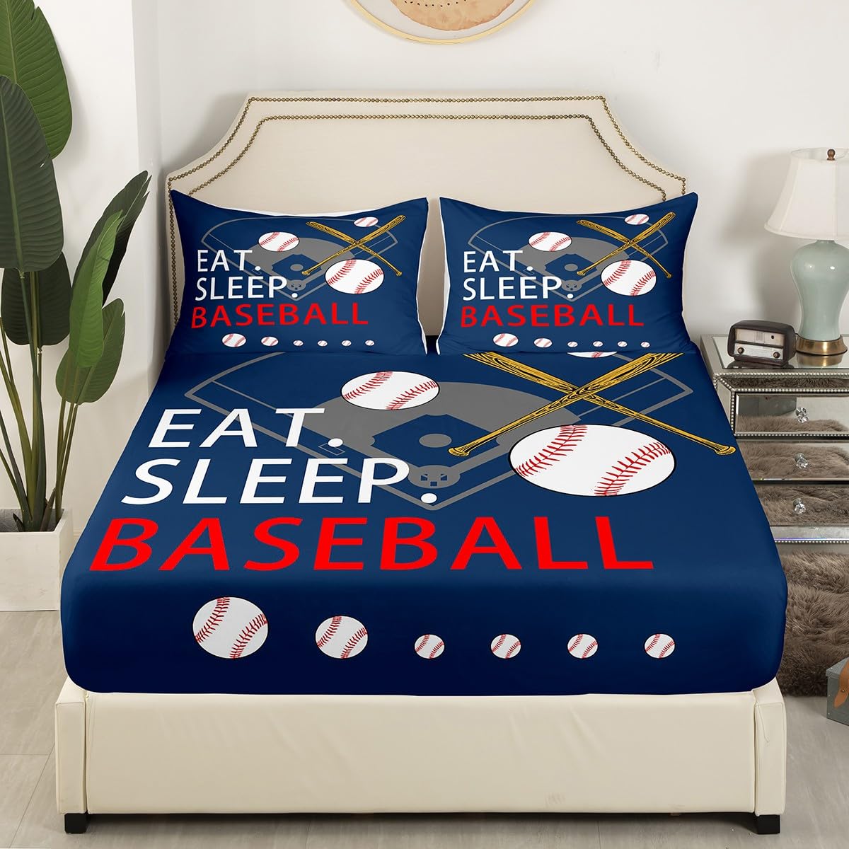 Feelyou Kids Baseball Gaming Sheet Set Twin Size Navy Blue Bed Sheets for Boys Girls Teens Bedroom Decor Softball Bed Set Women Men Ball Games Sheets,1 Fitted Sheet+1 Pillow Sham+1 Flat Sheet