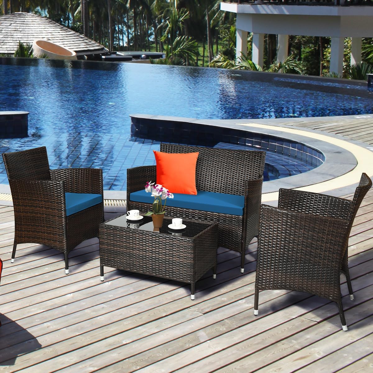 DORTALA 4-Piece Rattan Patio Furniture Set, Outdoor Sofa Table Set with Tempered Glass Coffee Table, Thick Cushion, Wicker Conversation Set for Garden, Lawn, Poolside and Backyard, Peacock Blue