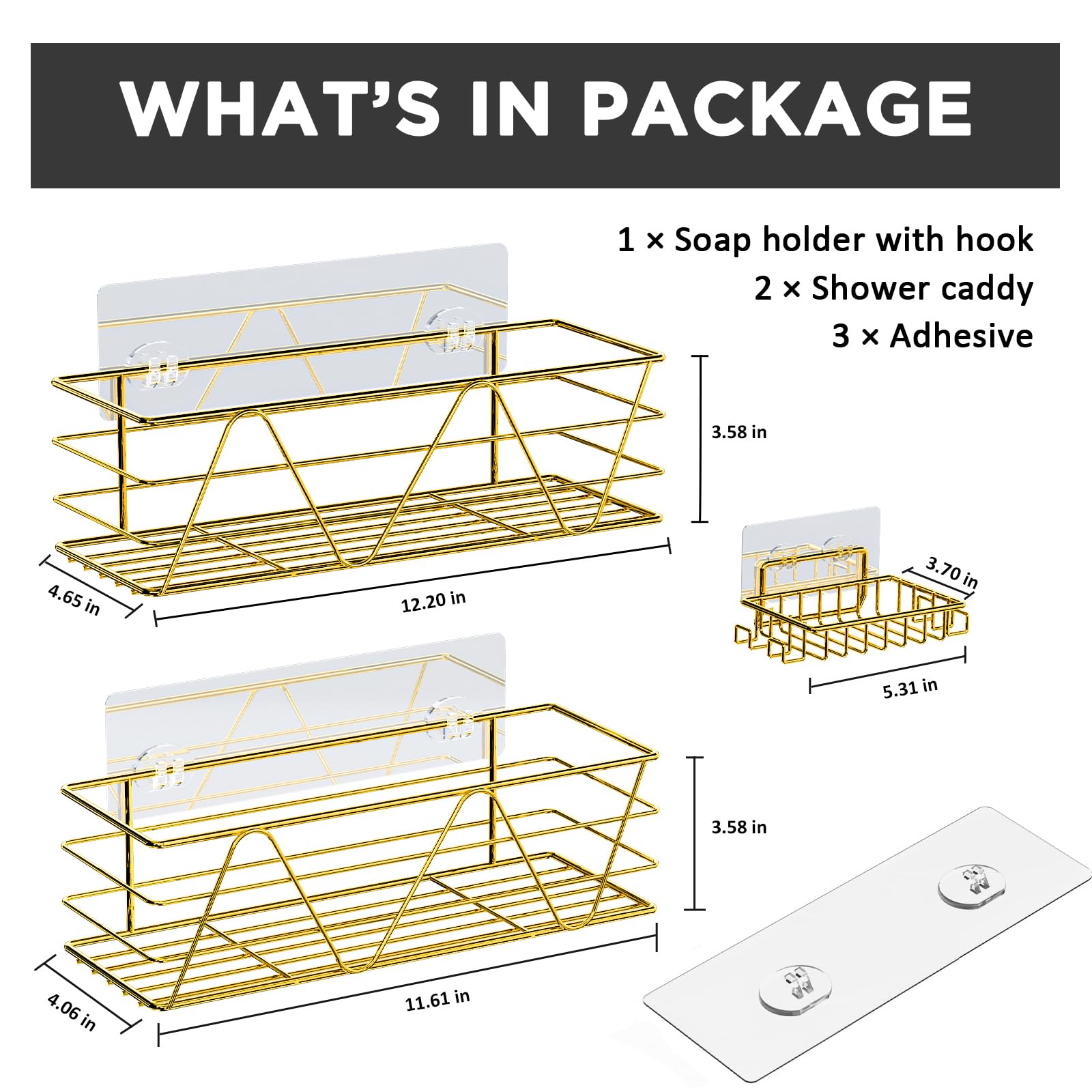 Carwiner Gold Shower Caddy Bathroom Shelves 3-Pack Basket with Soap Dish Holder, Stainless Steel Bathroom Organizer Shelf Rack Adhesive Shampoo Holder Wall Mounted for Kitchen