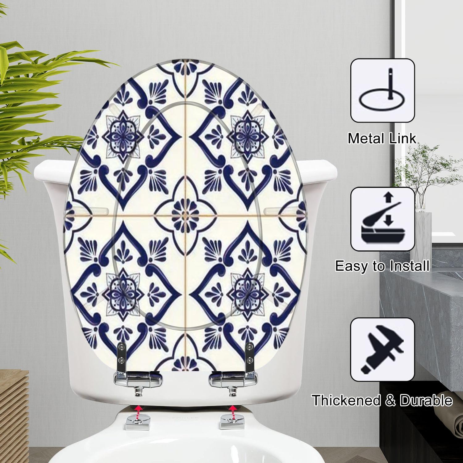 Elongated Toilet Seat Spanish tile pattern seamless blue white ornament Portuguese mexican Resin Toilet Seat Quietly Slow Close with Quick-Release Hinges Toilet Seat with Cover Easy to Clean Install