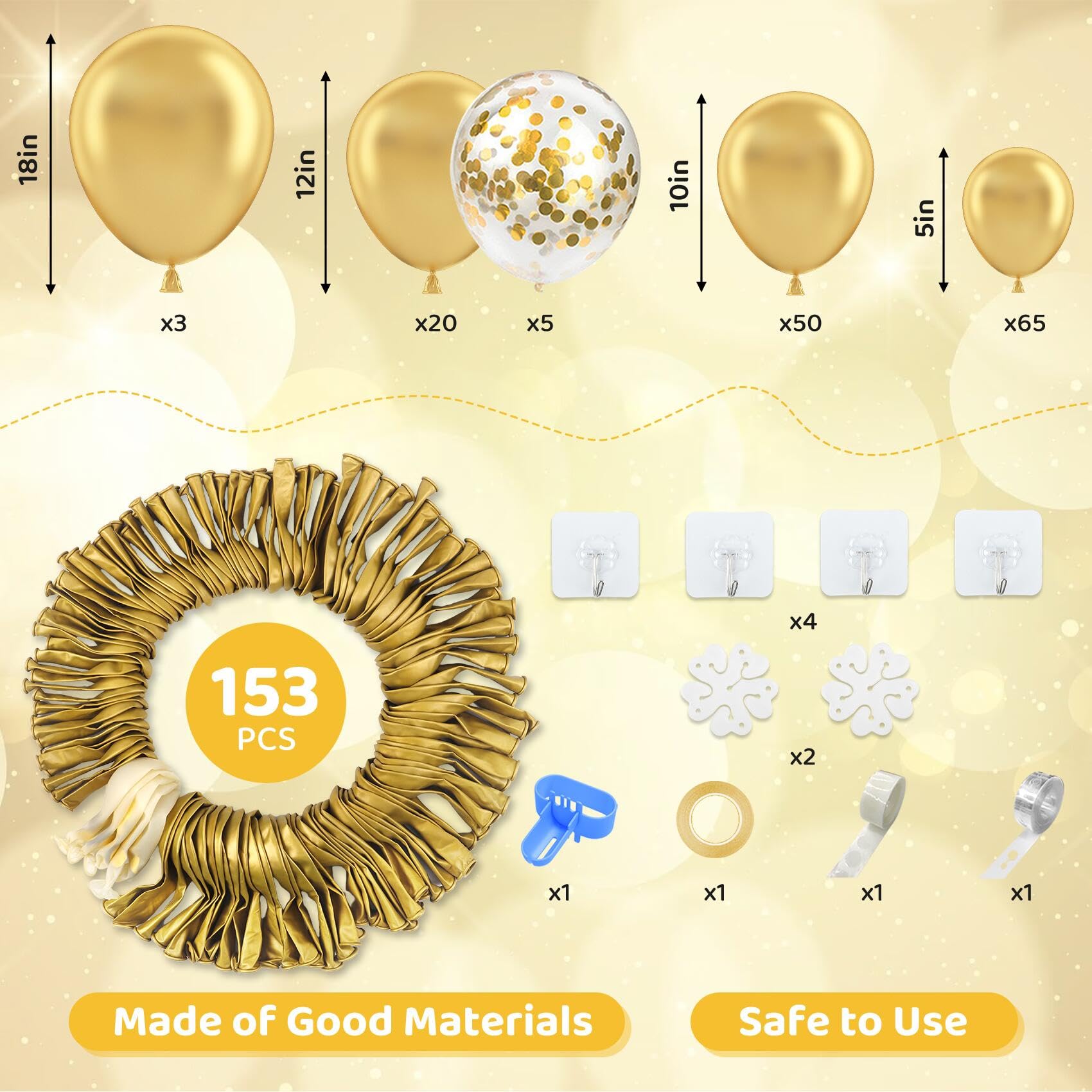 Amandir 153pcs Metallic Gold Balloon Garland Arch Kit, Different Sizes 18 12 10 5 inch Chrome Gold Latex Confetti Balloons for Wedding Birthday Graduation Holiday Party Supplies