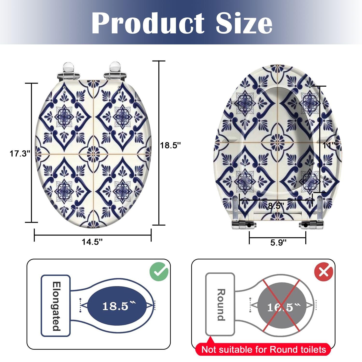 Elongated Toilet Seat Spanish tile pattern seamless blue white ornament Portuguese mexican Resin Toilet Seat Quietly Slow Close with Quick-Release Hinges Toilet Seat with Cover Easy to Clean Install