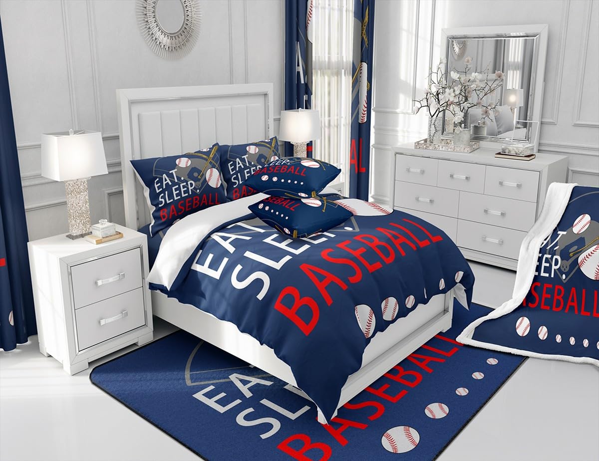 Feelyou Kids Baseball Gaming Sheet Set Twin Size Navy Blue Bed Sheets for Boys Girls Teens Bedroom Decor Softball Bed Set Women Men Ball Games Sheets,1 Fitted Sheet+1 Pillow Sham+1 Flat Sheet