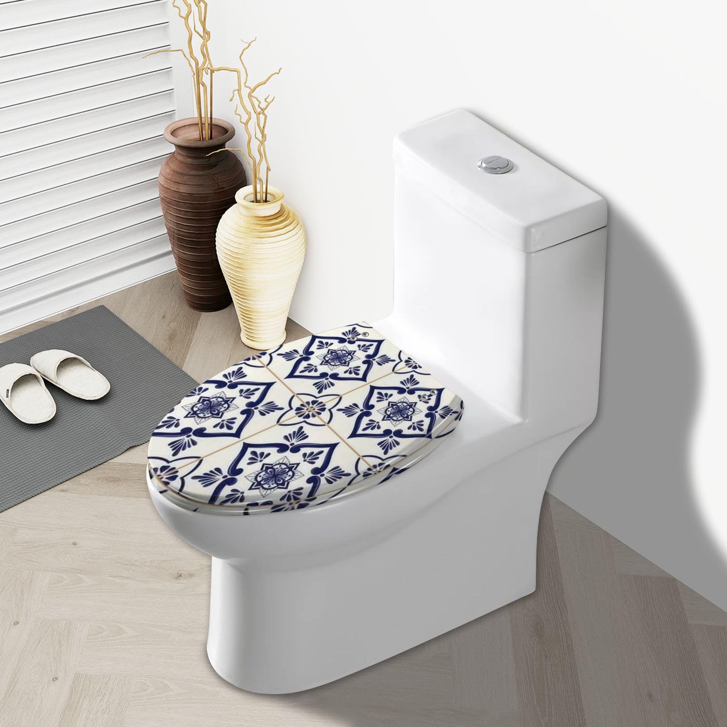 Elongated Toilet Seat Spanish tile pattern seamless blue white ornament Portuguese mexican Resin Toilet Seat Quietly Slow Close with Quick-Release Hinges Toilet Seat with Cover Easy to Clean Install