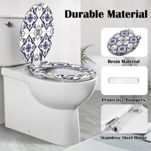 Elongated Toilet Seat Spanish tile pattern seamless blue white ornament Portuguese mexican Resin Toilet Seat Quietly Slow Close with Quick-Release Hinges Toilet Seat with Cover Easy to Clean Install