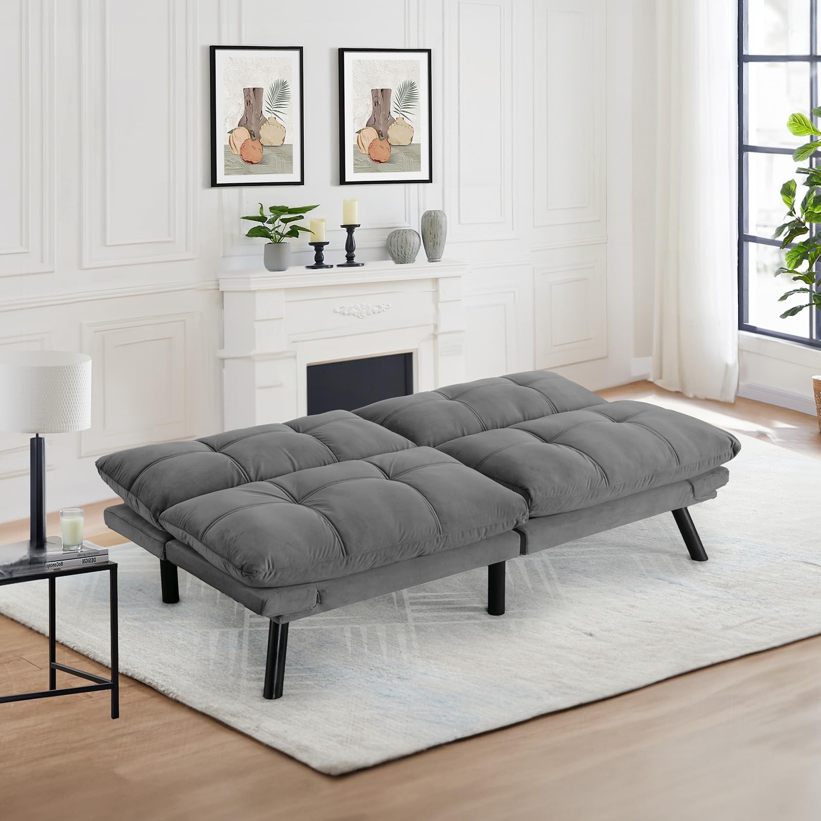 Convertible Velvet Futon Sofa Bed, Comfy 72" L Sleeper Couch with Thicker Cushion, Upholstered Modern Reclining Loveseat Folding Sofa for Small Living Room, Dorm, Apartment, Office, Light Gray