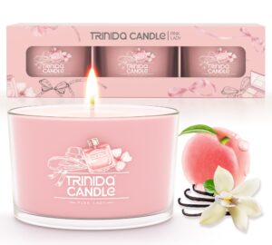 trinida candles peach & jasmine scented, 3 pack candles for home scented, vanilla candle set, luxury aromatherapy glass jar pink candle