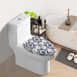 Elongated Toilet Seat Spanish tile pattern seamless blue white ornament Portuguese mexican Resin Toilet Seat Quietly Slow Close with Quick-Release Hinges Toilet Seat with Cover Easy to Clean Install