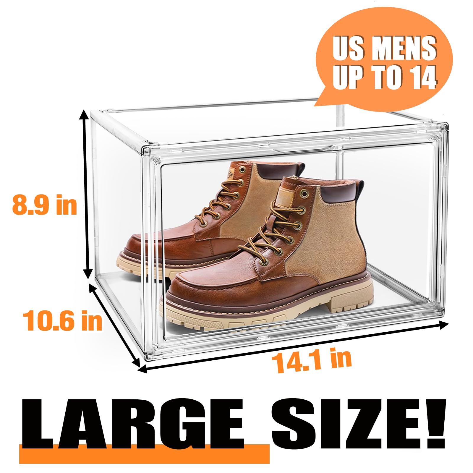 EDS FAM Shoe Boxes Crates Clear 14.1 * 10.6 * 9in Plastic Stackable Acrylic with Magnetic Door Storage for Sneakerheads Boot Display Case