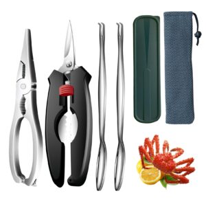 nsoicrac crab crackers and tools-seafood crackers and tools,crab crackers,crab leg crackers and tools includes 1 crab scissors, 2 crab leg forks/picks and 1seafood scissors & storage bag