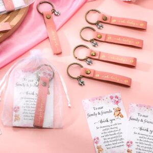 Ecally 50 Sets Baby Shower Favors for Guests PU Leather Keychain Bear Thank You Cards Organza Bags Gender Reveal Gifts (Pink, Girl Style)