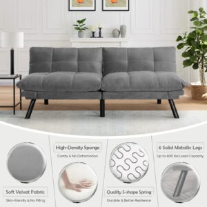 Convertible Velvet Futon Sofa Bed, Comfy 72" L Sleeper Couch with Thicker Cushion, Upholstered Modern Reclining Loveseat Folding Sofa for Small Living Room, Dorm, Apartment, Office, Light Gray