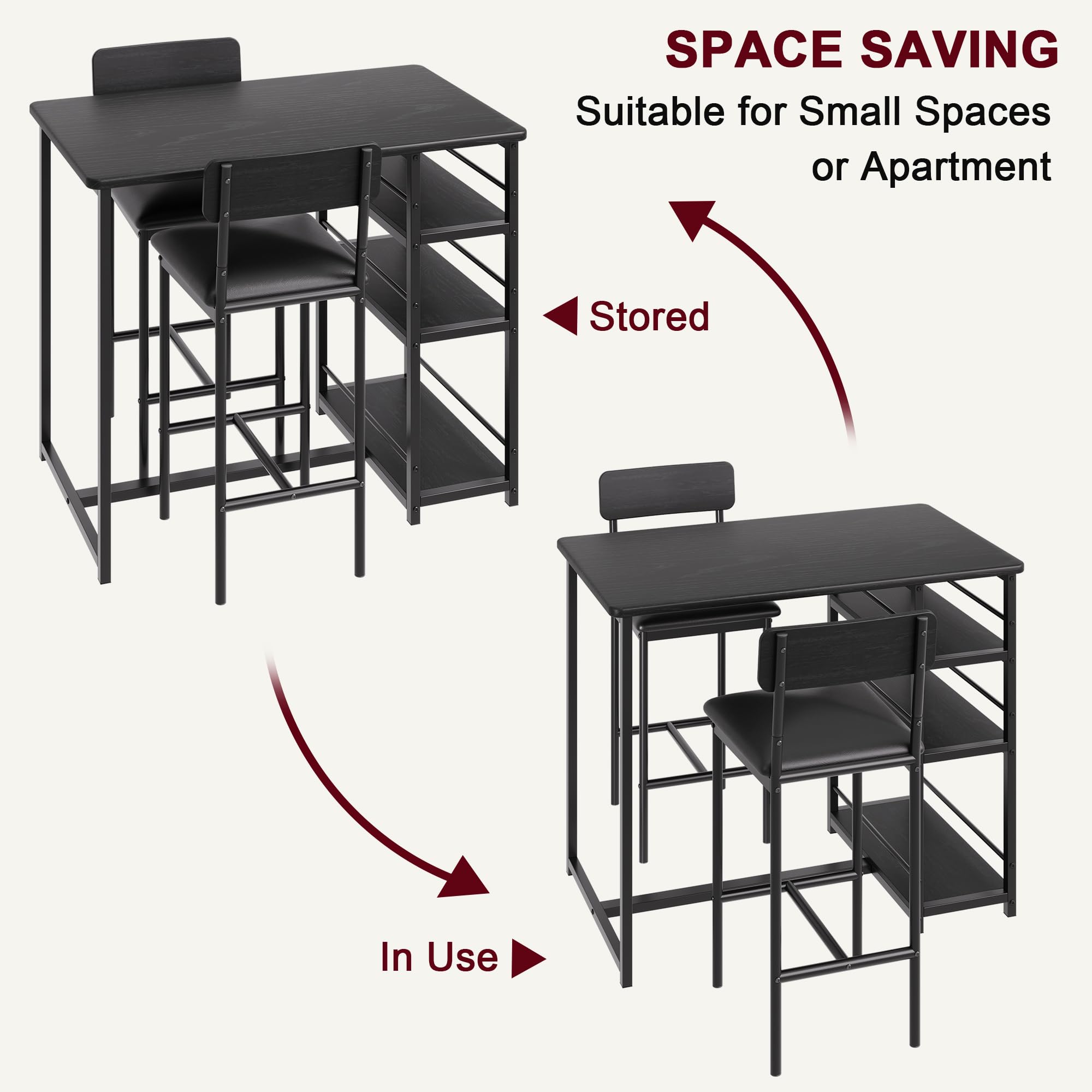 IDEALHOUSE Kitchen Table Set, Dining Table and Chairs for 2, 3 Piece Dining Room Table Set with 2 Upholstered Chairs, Bar Dining Table Set for Small Spaces, Apartment, Breakfast, Pub, Rustic Black