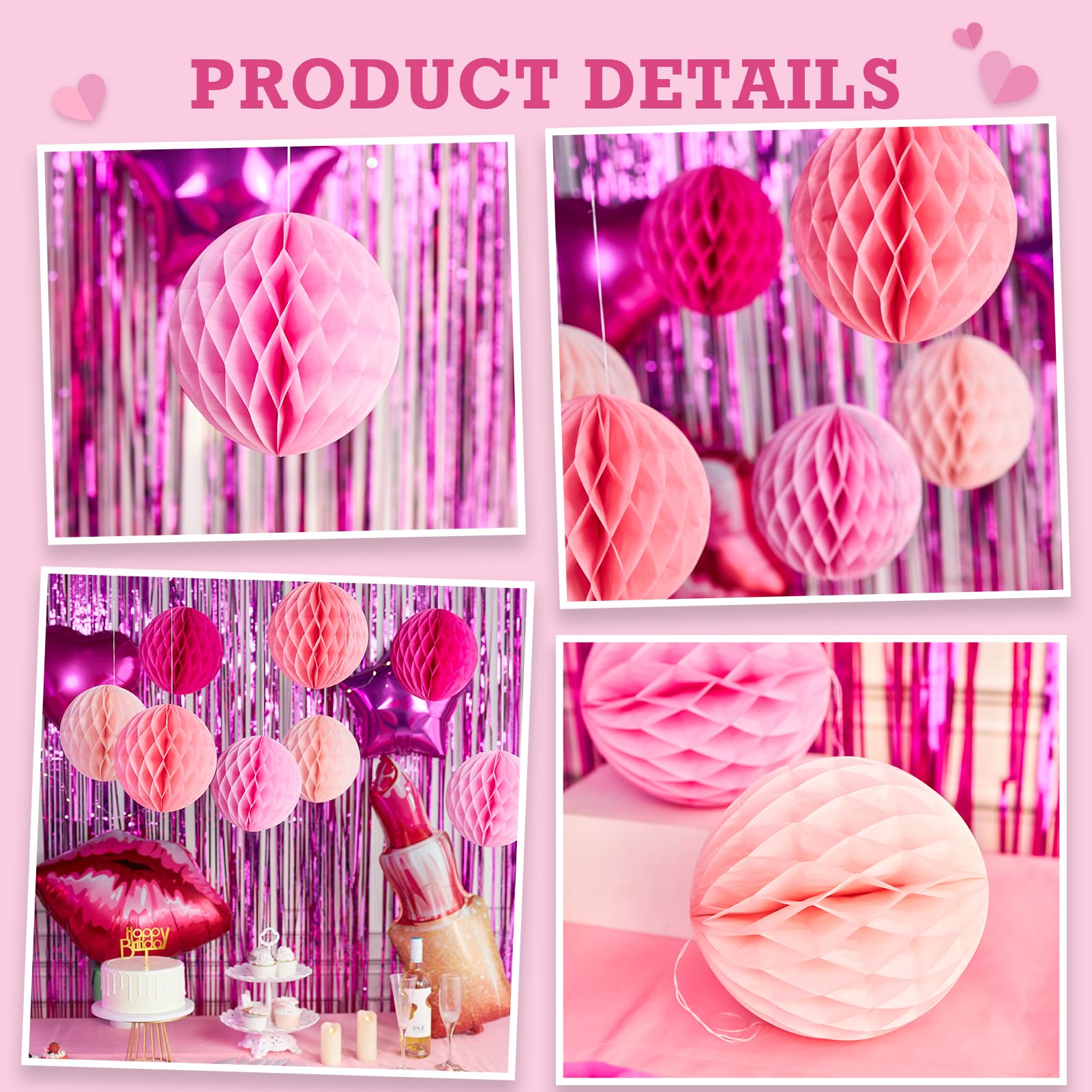 SUNBEAUTY 8'' Hanging Honeycomb Decorations Hot Pink Party Decoration Fuchsia Pink Paper Decoration for Birthday Wedding Graduation Events Accessories,Set of 16