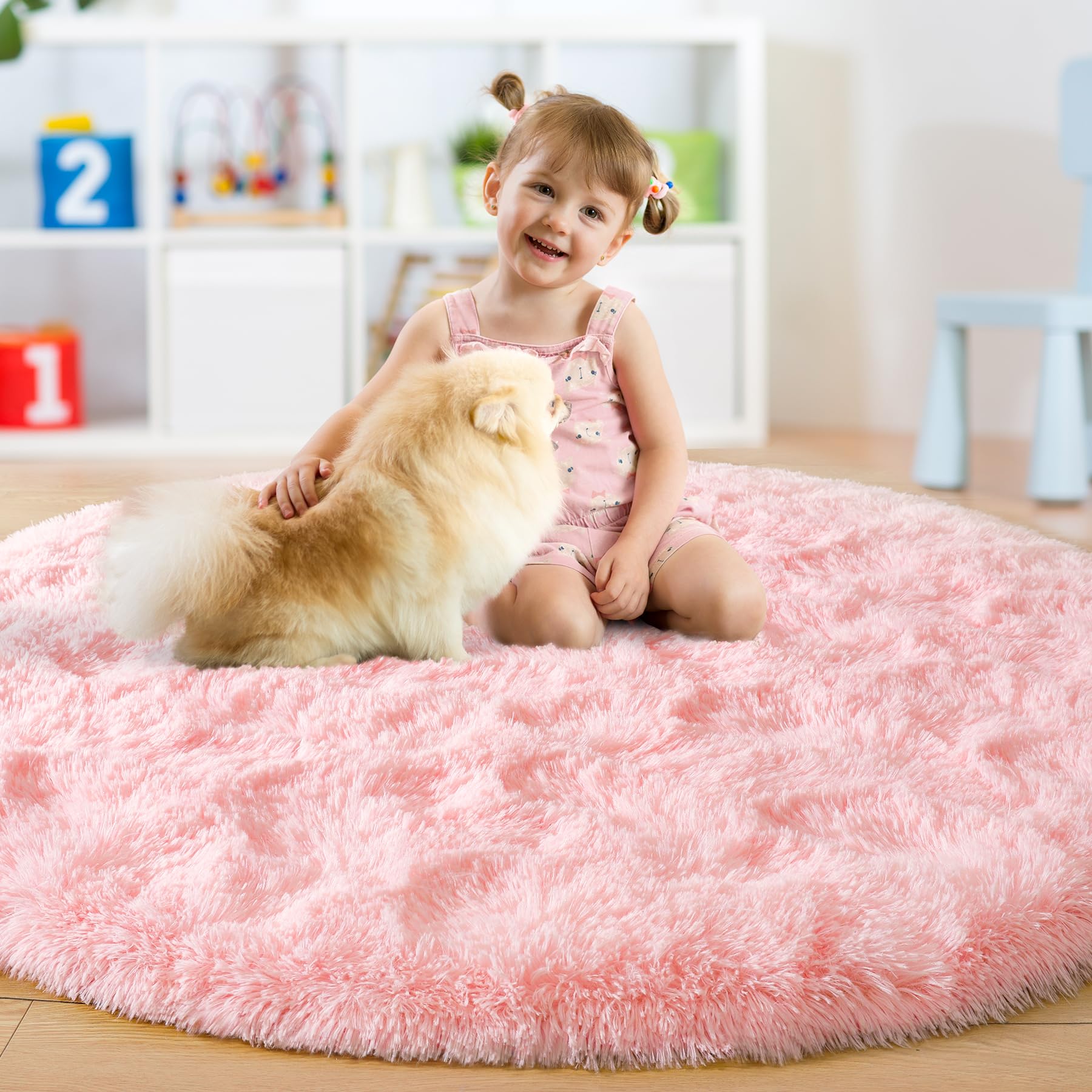 Noahas Fluffy Round Rug 4Ft,Pink Rugs for Bedroom Girls,Fuzzy Rug for Kids Room,Shaggy Bedroom Carpet,Circle Shag Area Rug,Soft Nursery Rug,Room Decor Aesthetic