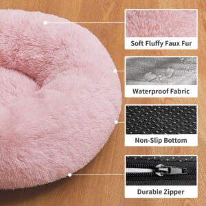 OhGeni Calming Donut Dog & Cat Bed, Machine Washable Plush Warming Bed, Anti-Slip Round Cuddle Comfort Pet Bed, Cozy Fluffy Faux Fur Bed for Small Dogs, Pink, 20 inches