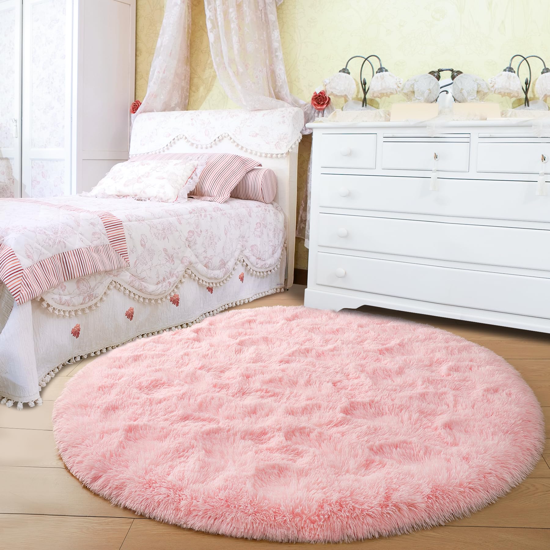 Noahas Fluffy Round Rug 4Ft,Pink Rugs for Bedroom Girls,Fuzzy Rug for Kids Room,Shaggy Bedroom Carpet,Circle Shag Area Rug,Soft Nursery Rug,Room Decor Aesthetic