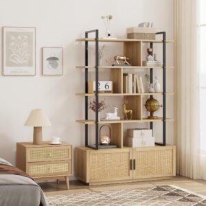 GAOMON 5 Tier Rattan Bookshelf with Storage Cabinet & Door, 71.1 Inch Tall Industrial Book Shelf with Open Display Shelves, 5 Shelf Bookcase with Metal Frame for Living Room, Bedroom -Burlywood