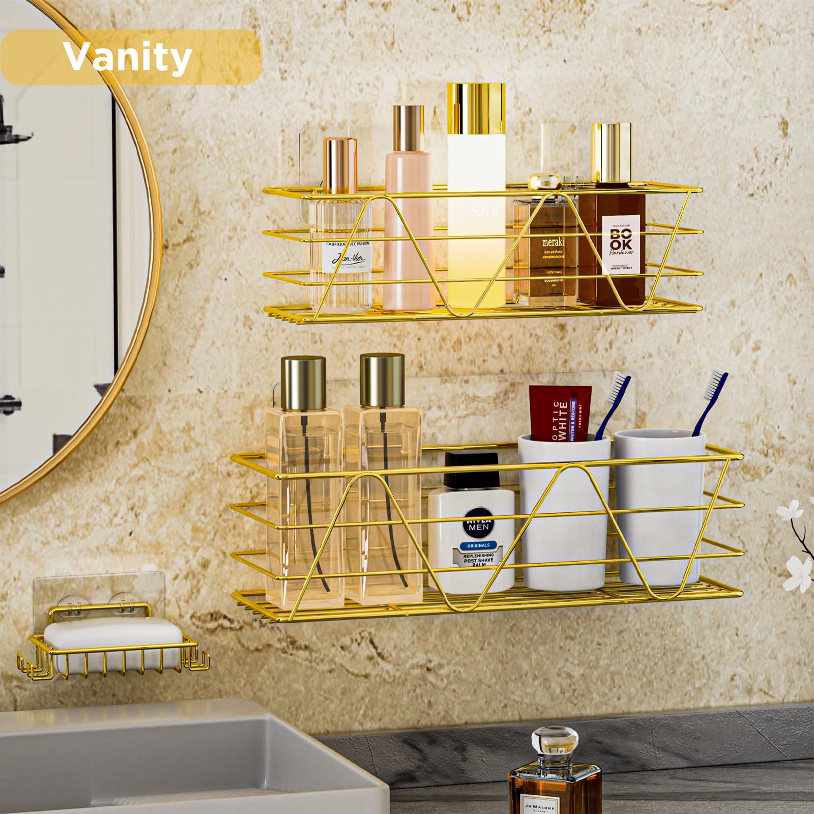 Carwiner Gold Shower Caddy Bathroom Shelves 3-Pack Basket with Soap Dish Holder, Stainless Steel Bathroom Organizer Shelf Rack Adhesive Shampoo Holder Wall Mounted for Kitchen