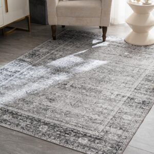 vipbed 5x7 area rug, washable rug for living room entryway bedroom kitchen, vintage medallion rug with non-slip backing, ultra-thin low pile boho farmhouse rug for home decor, grey