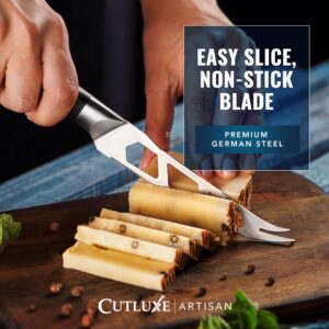 Cutluxe Cheese Knife – 5" Cheese Knife Slicer for Soft and Hard Cheese – Pronged, Serrated & Non Stick Blade – High Carbon German Steel, Full Tang & Ergonomic Handle Design – Artisan Series