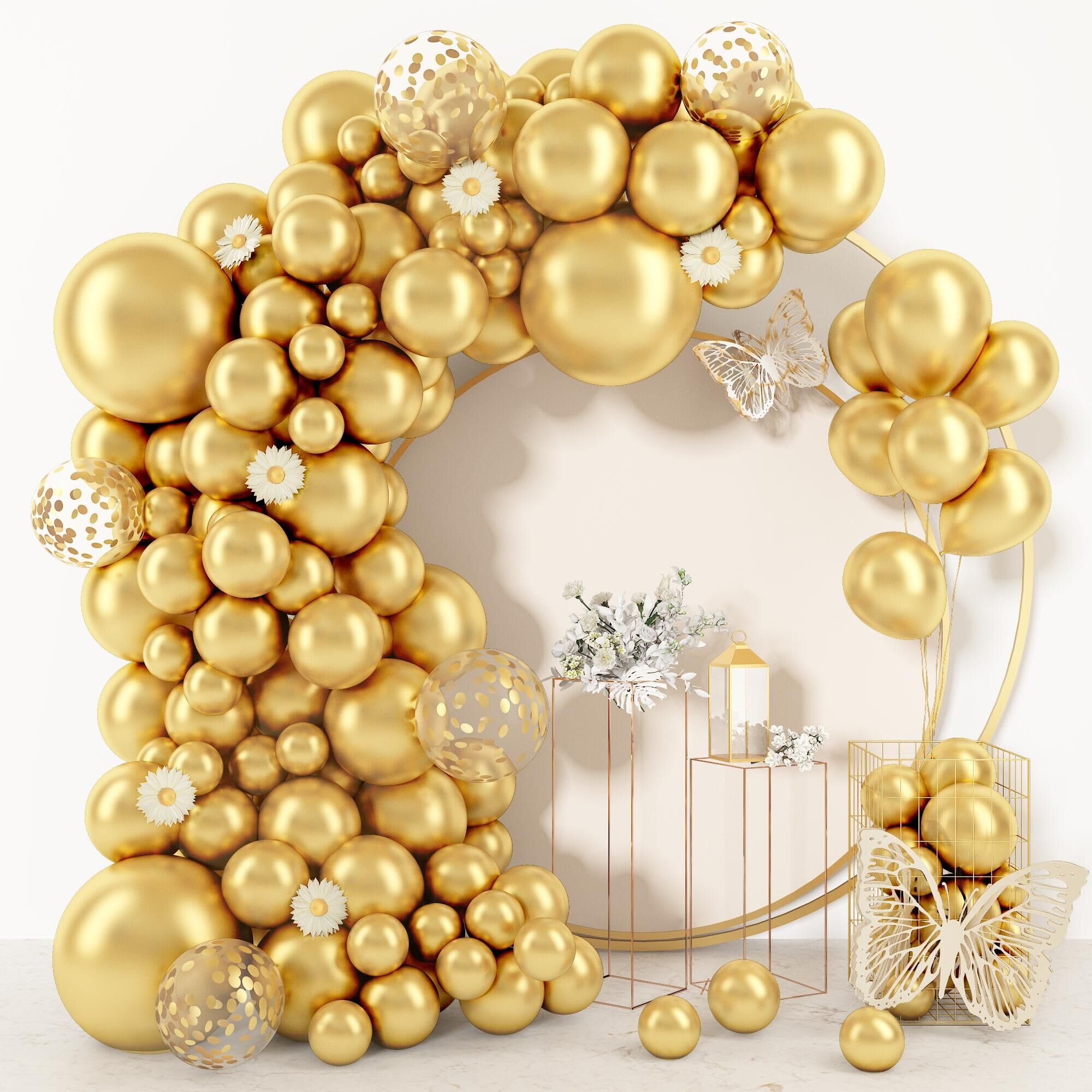 Amandir 153pcs Metallic Gold Balloon Garland Arch Kit, Different Sizes 18 12 10 5 inch Chrome Gold Latex Confetti Balloons for Wedding Birthday Graduation Holiday Party Supplies