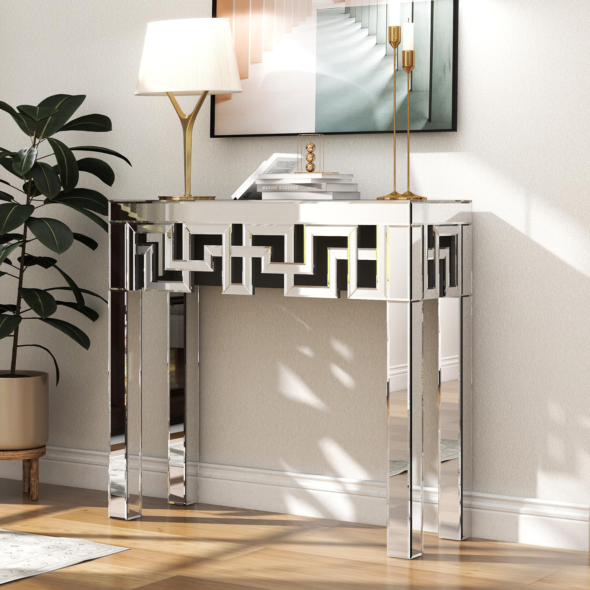 blingworld Silver Console Table with Mirrored Finished, Modern Glass Entryway Table Geometric Design, 32 inches Wide Decorative Small Console Table for Small Space