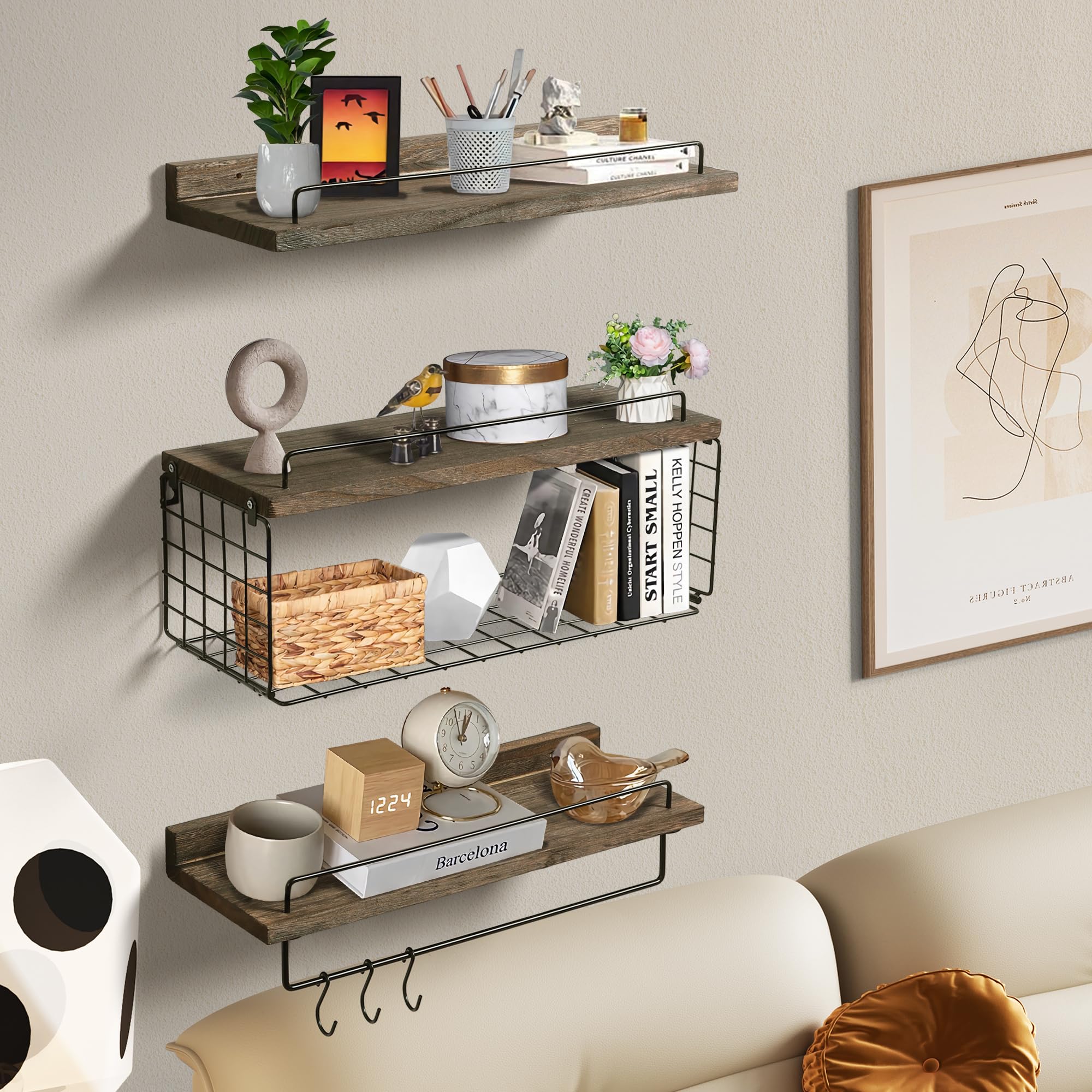 3+1 Tier Floating Shelves, Bathroom Floating Shelves with Wire Basket, Bathroom Shelf with Towel Bar and Hooks, Wall Solid Wood Shelves, Wall Shelves for Bathroom, Living Room, Bedroom and Kitchen