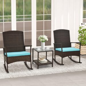 Tangkula 3 Pieces Rocking Wicker Bistro Set, Outdoor Front Porch Rocker Chairs Conversation Set with 2-Tier Tempered Glass Coffee Table and Thick Cushions for Garden, Balcony, Poolside (Turquoise)