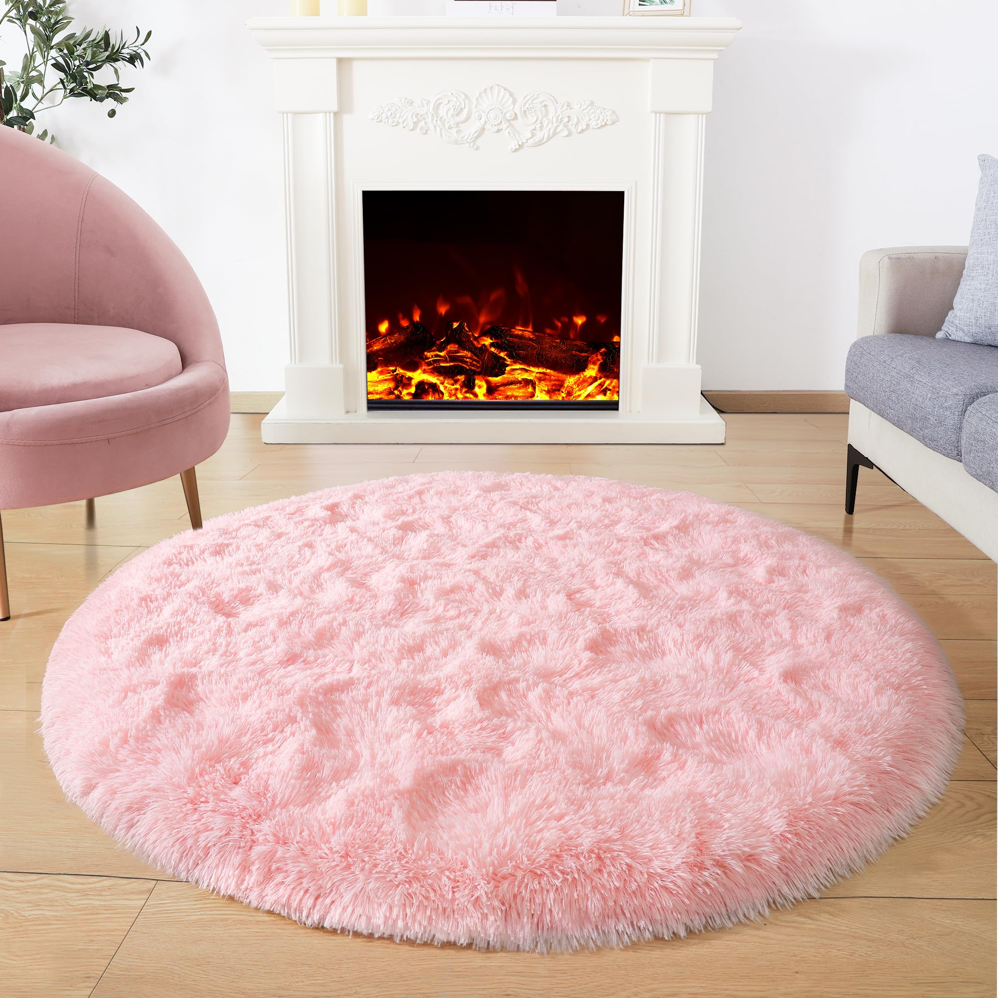 Noahas Fluffy Round Rug 4Ft,Pink Rugs for Bedroom Girls,Fuzzy Rug for Kids Room,Shaggy Bedroom Carpet,Circle Shag Area Rug,Soft Nursery Rug,Room Decor Aesthetic