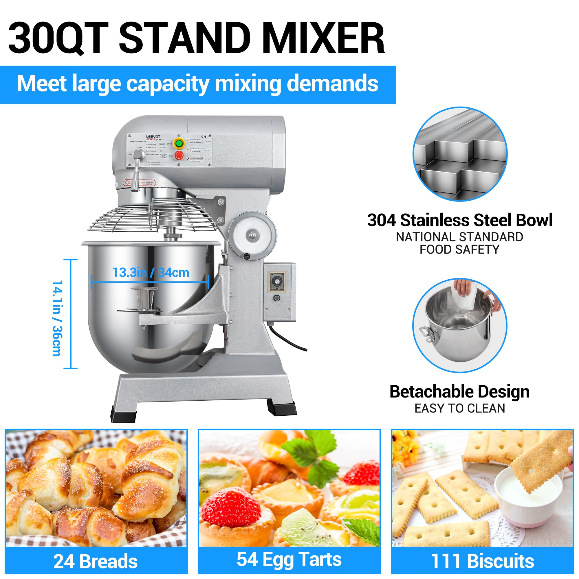 LEEVOT 30Qt 1250W Commercial Food Mixer, Commercial mixer 3-Speed Adjustable Heavy Duty Stand Mixer with Stainless Steel Bowl for Bakery Pizzeria.