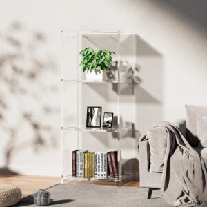 GOJLEX Clear Acrylic Bookcase, 3-Tier Floor Standing Bookshelf, 31.5” Sturdy Display Cube Storage Organizer High Transparency Open Book Shelf for Office, Living Room, Bedroom (11.85”L*9.1”W*31.5”H)