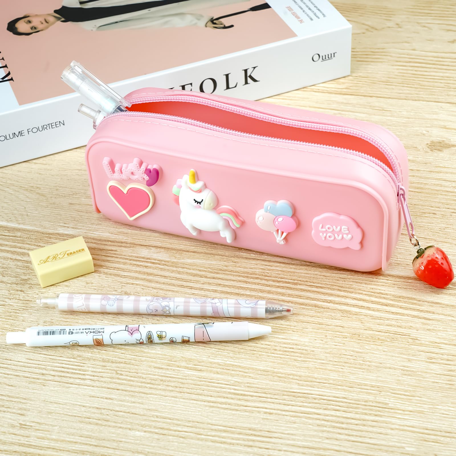 Wonhibo Cute Pencil Case Pouch Bag for Girls Women, Pink Aesthetic Kawaii Silicone Pen Holder Makeup Bag Brush Organizer Bag