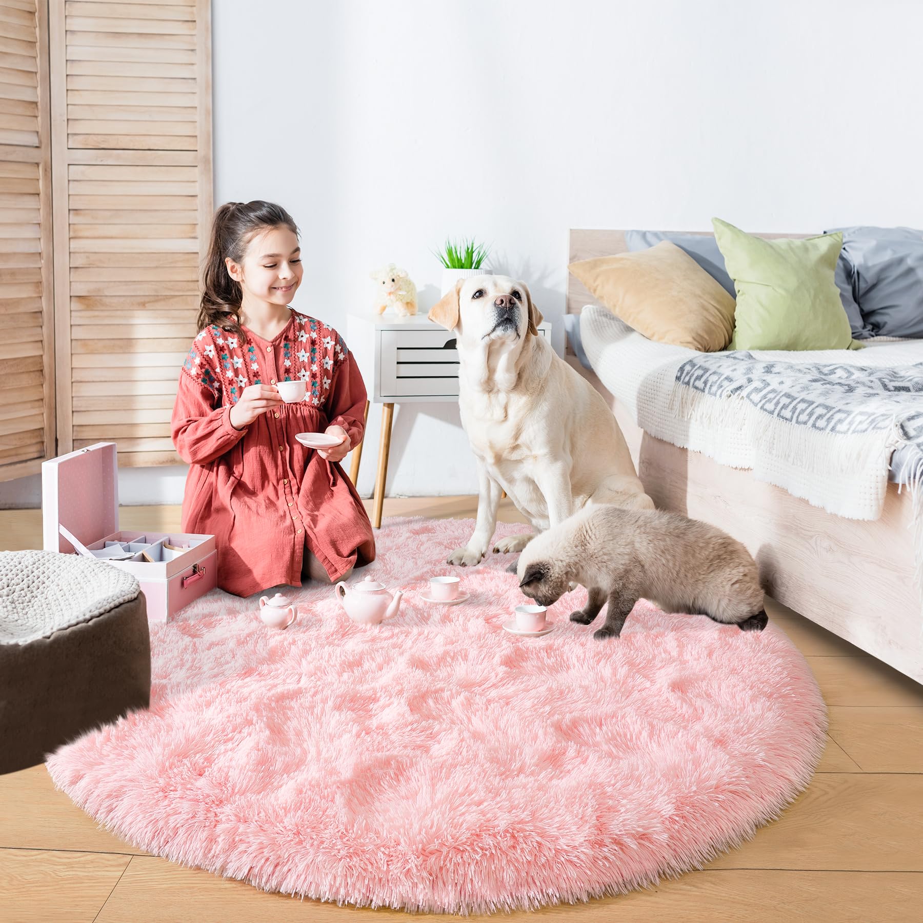 Noahas Fluffy Round Rug 4Ft,Pink Rugs for Bedroom Girls,Fuzzy Rug for Kids Room,Shaggy Bedroom Carpet,Circle Shag Area Rug,Soft Nursery Rug,Room Decor Aesthetic