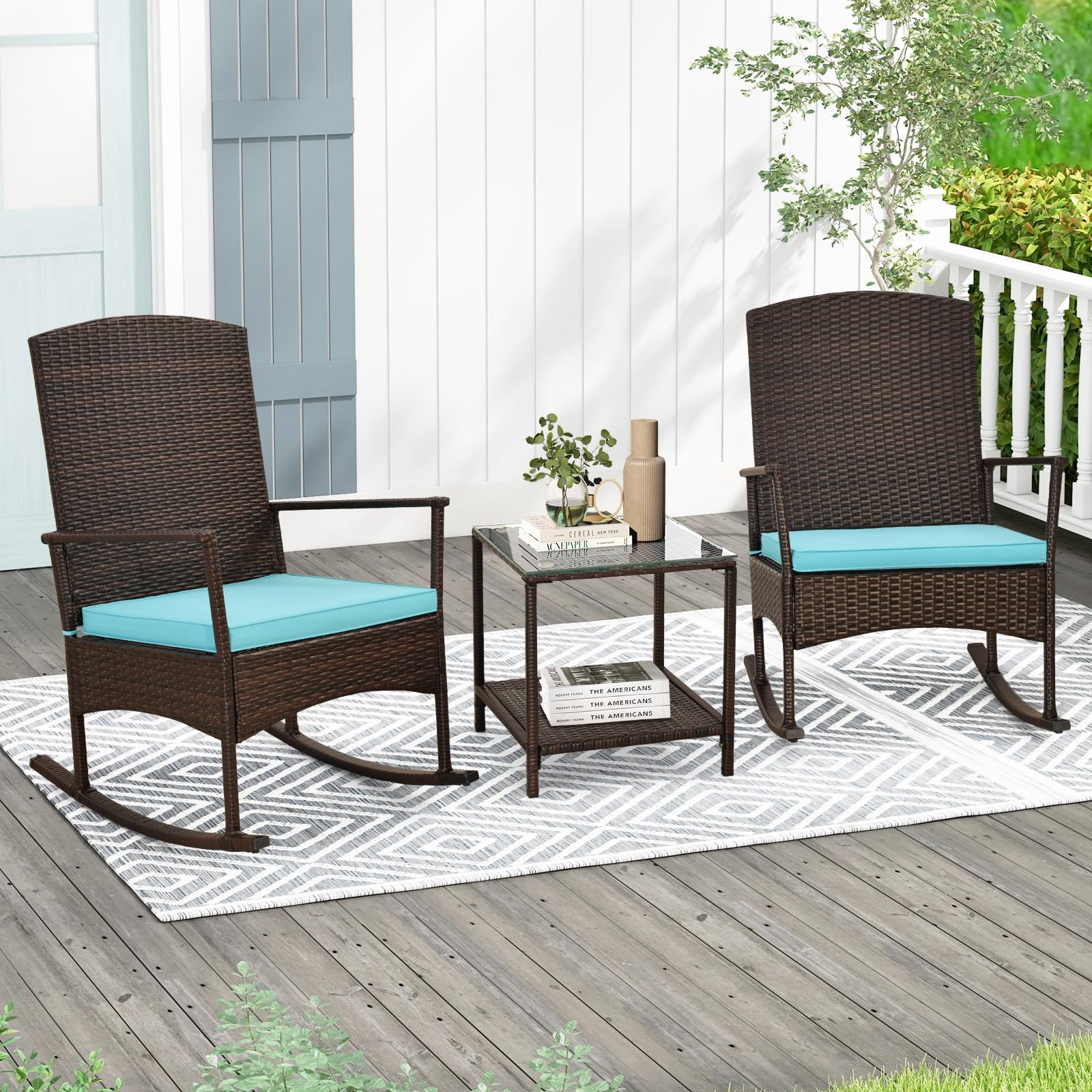 Tangkula 3 Pieces Rocking Wicker Bistro Set, Outdoor Front Porch Rocker Chairs Conversation Set with 2-Tier Tempered Glass Coffee Table and Thick Cushions for Garden, Balcony, Poolside (Turquoise)