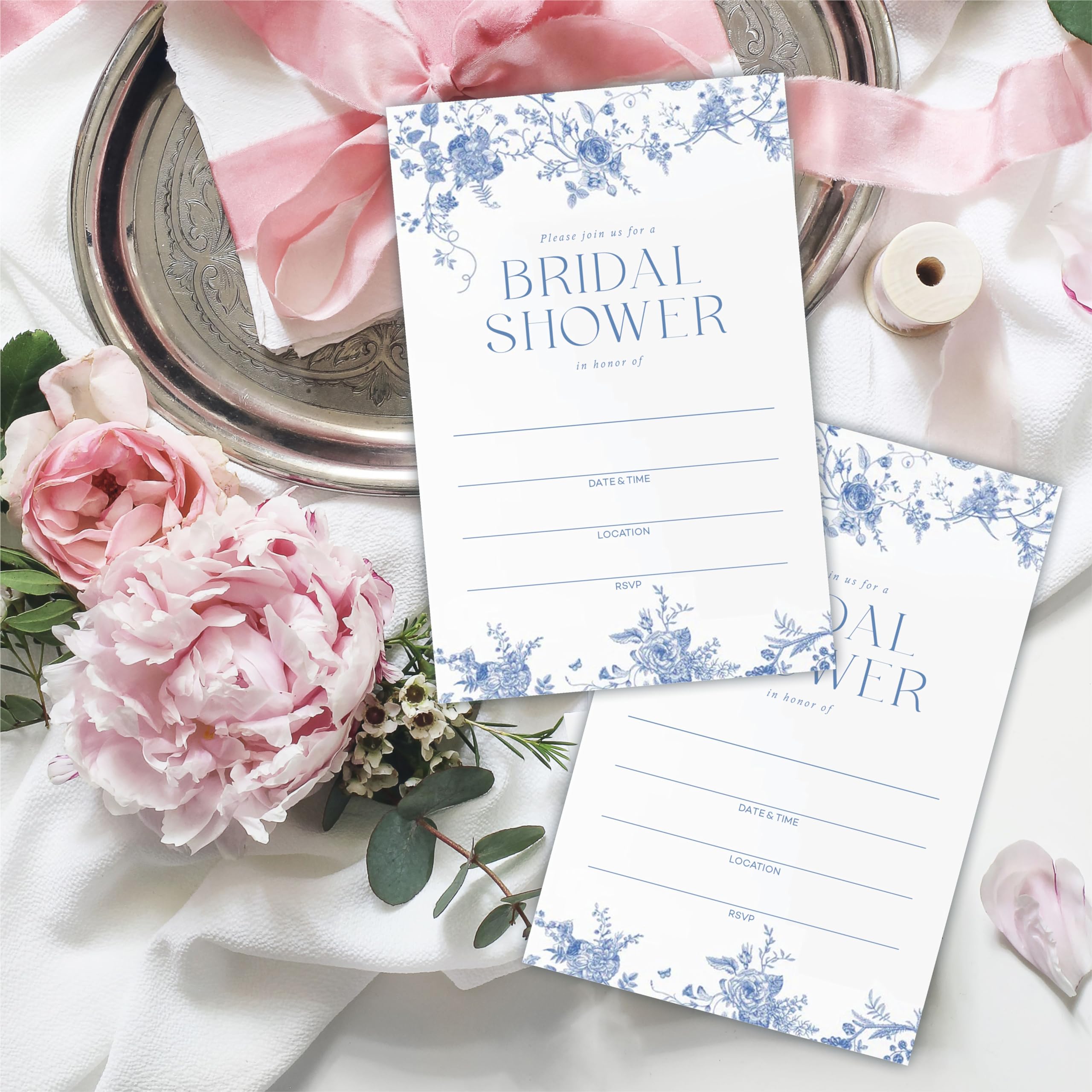 DYIRBIIY 25 Bridal Shower Invitation With Envelopes - Blue Floral White Fill In Style Invitations For New Couples, Mr And Mrs, Newlyweds Invites, Party Favor & Supplies - A11