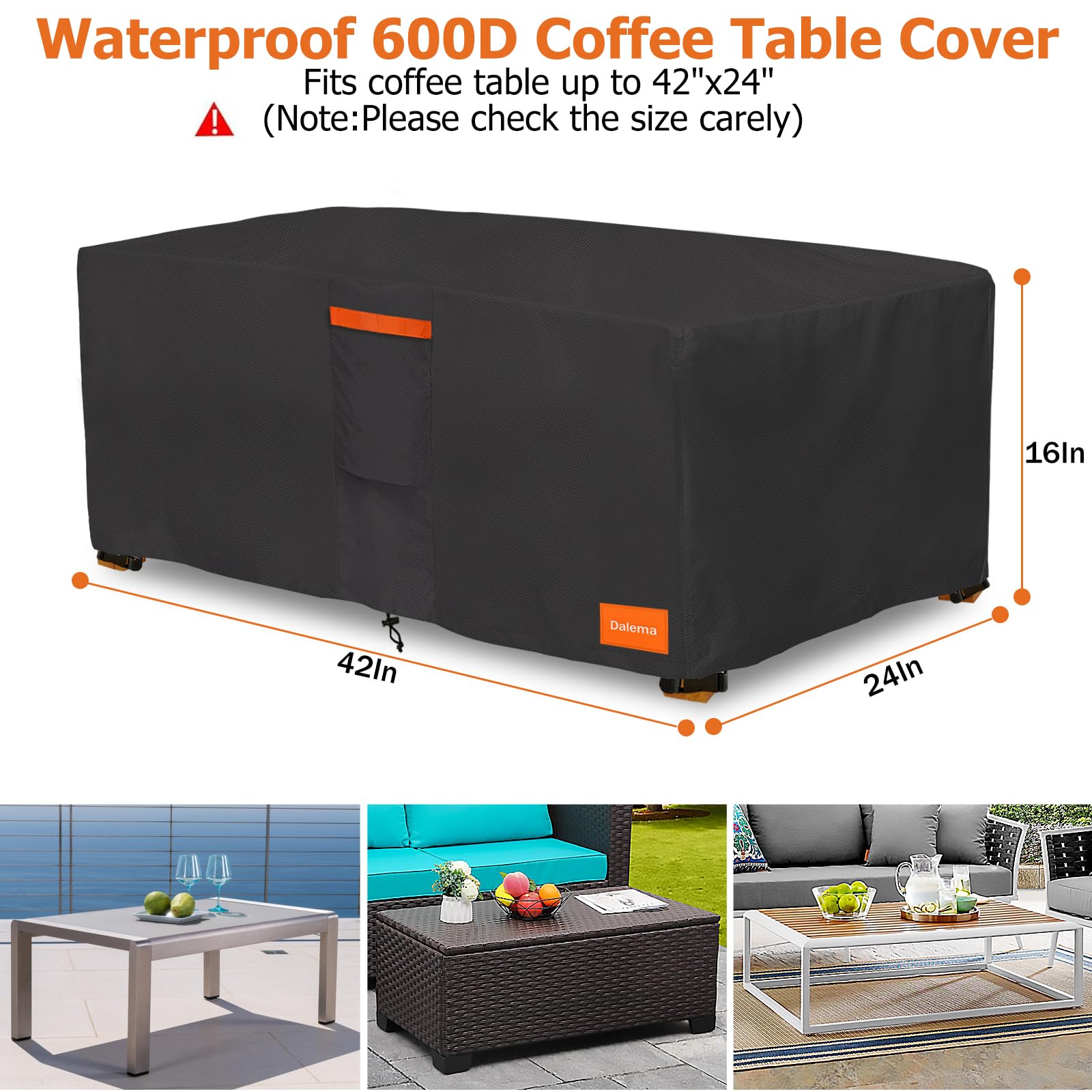 Dalema Rectangular Coffee Table Cover,600D Heavy Duty 100% Waterproof Small Outdoor Table Cover Rectangle,Patio Furniture Covers for Coffee Table,42x24x16 Inch,Black.