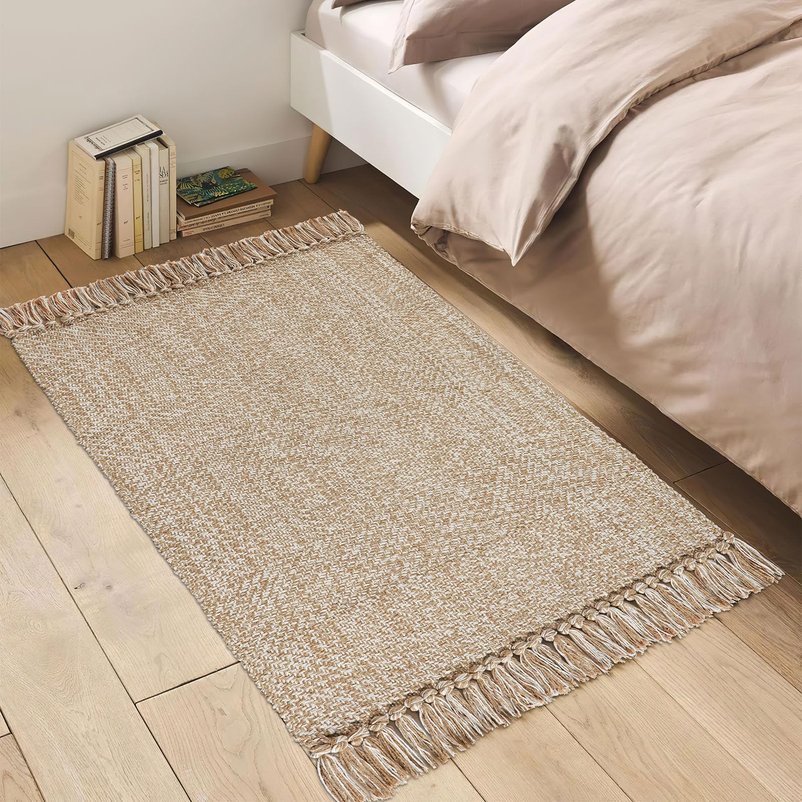 Small Boho Bathroom Rugs,2'x3' Tan Cream Washable Entryway Rug Farmhouse Throw Rug Cotton Woven Reversible Bedroom Rug, Kitchen Mat Carpet for Entrance Bedroom Laundry Living Room